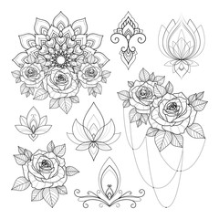 Set of eight ethnic ornaments and mandalas with roses for Henna drawing and tattoo template. Ethnic tattoo sketch. Vector illustration