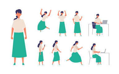 Set of long hair woman in different poses. Businesswoman working character design set. Vector illustration in flat style.