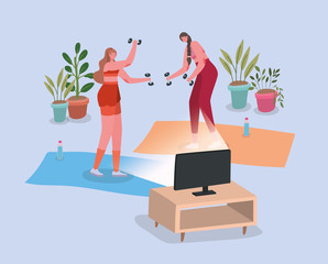 Women doing sport on mat in front of computer at home vector design