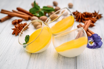Mango Panna cotta with mango jelly, home cooking.
