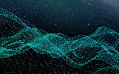 Abstract landscape on a dark background. Cyberspace grid. hi tech network. Outer space. Starry outer space texture. 3D illustration