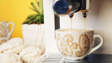 Coffee machine making morning espresso. Coffee time.