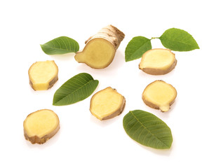 Flat lay fresh raw ginger root Isolated on white background.