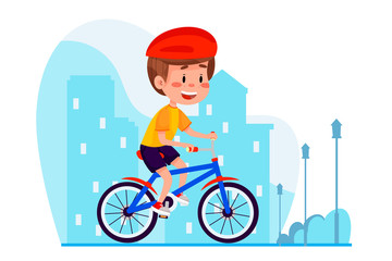 Vector boy riding bike in town on webstyle background. Summer children outdoor activities. Kid riding bicycle on summer outside.