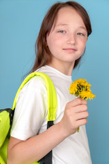 Portrait of a girl with dandelions in her hands and with a backpack on her shoulder on a blue background. Studio photo. Concept back to school. Vertical photo.