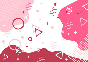 The Memphis style. Design of banners, postcards, and flyers. Geometric shape. Modern banner for advertising. Vector illustration with circles and triangles.  Geometric pink background for postcard.