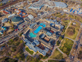 Beautiful view in the evening from the top of the Szechenyi baths. Top view of Budapest. The...