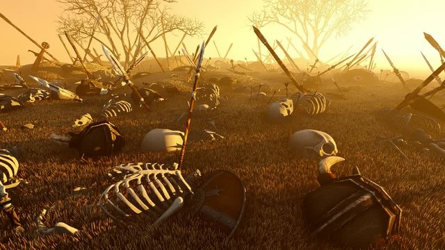 Skeletons and weapons in the grass