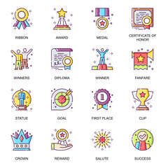 Personal success flat icons set. Award ceremony, fanfare and salute, medal and diploma, certificate of honor, first place and winning line pictogram for mobile app. Leader achievement vector icon pack