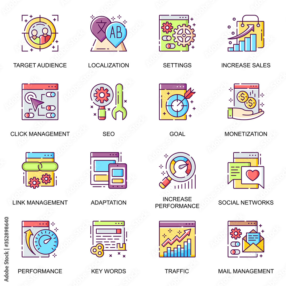 Aufkleber seo flat icons set. link management and settings, adaptation and localization, traffic control and m