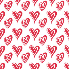 Beautiful unusual red hearts isolated on a white background. Childish cute seamless pattern. Hand drawn vector graphic illustration. Texture.