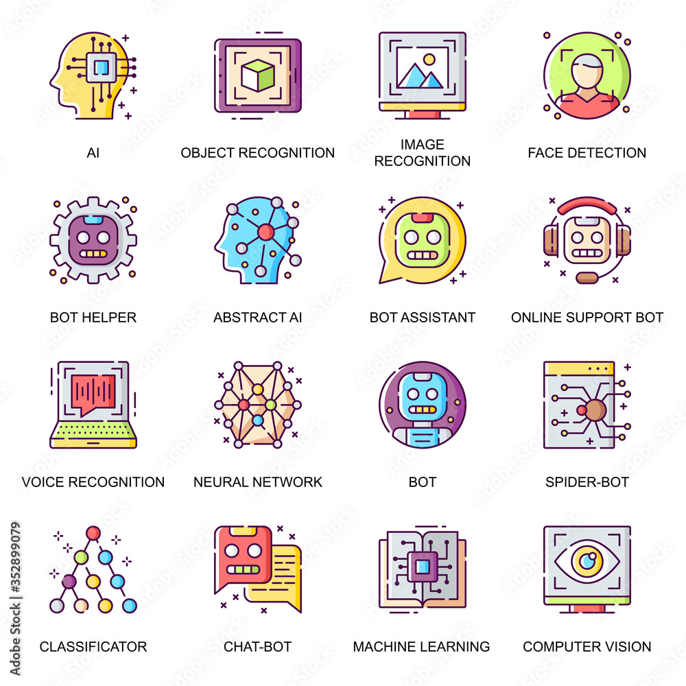 Poster artificial intelligence flat icons set. face detection, online support bot, assistant chatbot, neura