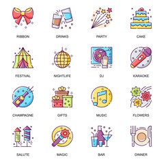 Party entertainment flat icons set. Cake and drinks, karaoke and music, festival salute and magic show, nightlife, birthday gifts line pictograms for mobile app. Holiday vacation vector icon pack.