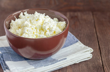 Natural cottage cheese in a bowl on a dark wooden table, close-up view. Calcium-rich healthy food.