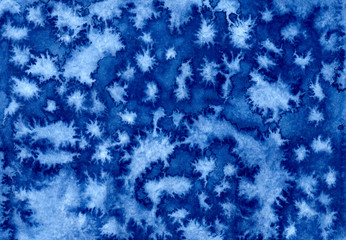 Dark blue abstract background. Water drops on white background. Abstract art wallpaper. Hand drawn watercolor illustration. Blue and indigo blots. Rain imitation. Romantic pattern