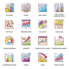 Financial diagram flat icons set. Round diagram, bar and pie chart, trend and loss, comparison graph, presentation and analytics line pictograms for mobile app. Data visualization vector icon pack.