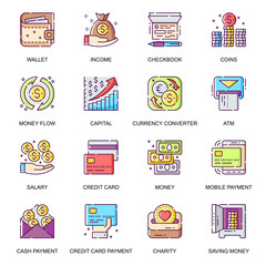 Money management flat icons set. Credit card payment, currency converter, online wallet, money flow, checkbook, salary and charity line pictograms for mobile app. Capital saving vector icon pack.