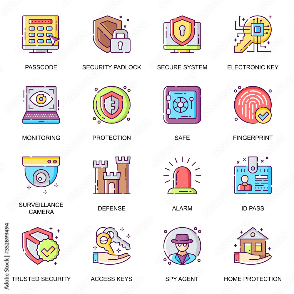 Poster security system flat icons set. electronic key, surveillance camera and fingerprint, detecting and m