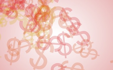 Multicolored translucent dollar signs on white background. Red tones. 3D illustration