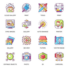 Images gallery flat icons set. Auto enhance, creative application, art tools and filters, vector image, sync images, photo and painting line pictograms for mobile app. Cloud gallery vector icon pack.