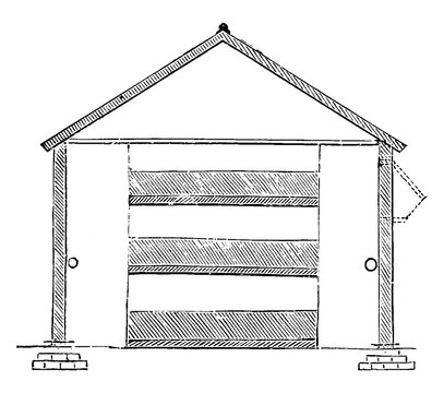 recommend clip art: Section of Span Roofed Mushroom House, vintage illustration.