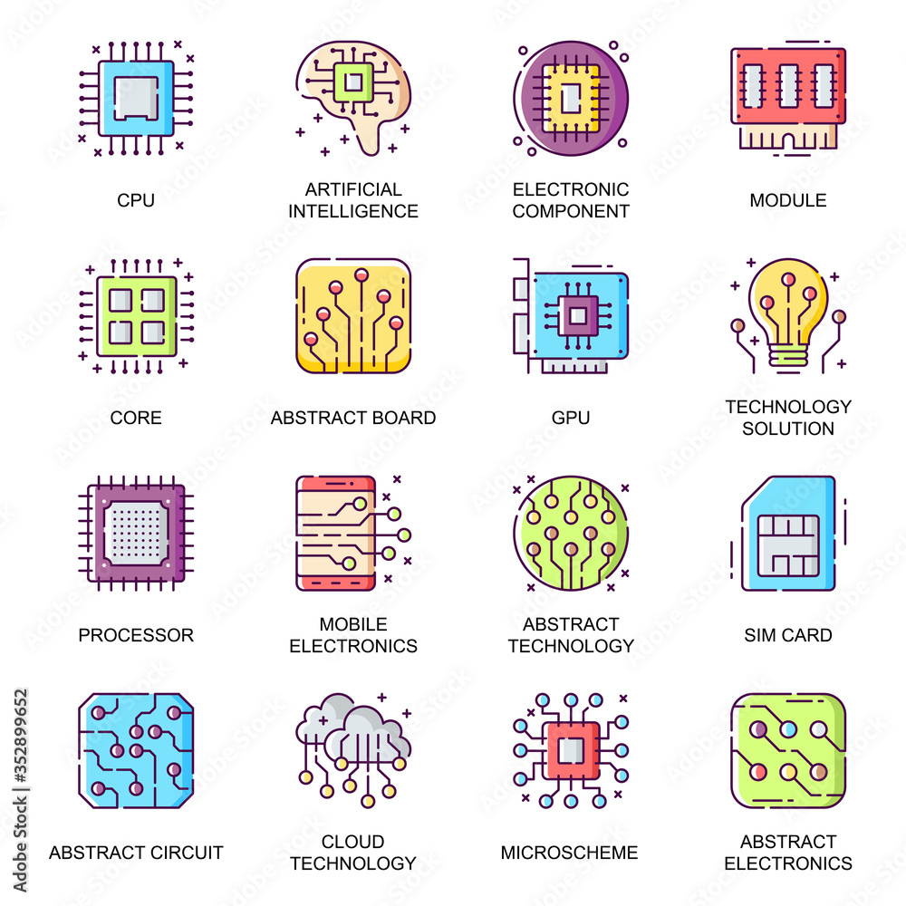 Poster Electronics parts flat icons set. Artificial intelligence, CPU and GPU modules, computer processor, cloud technology, micro scheme line pictogram for mobile app. Electronic components vector icon pack