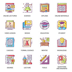 Modern education flat icons set. Formal science, online lectures and materials, question and answer, e-books and tools, video lesson line pictograms for mobile app. Distance education vector icon pack