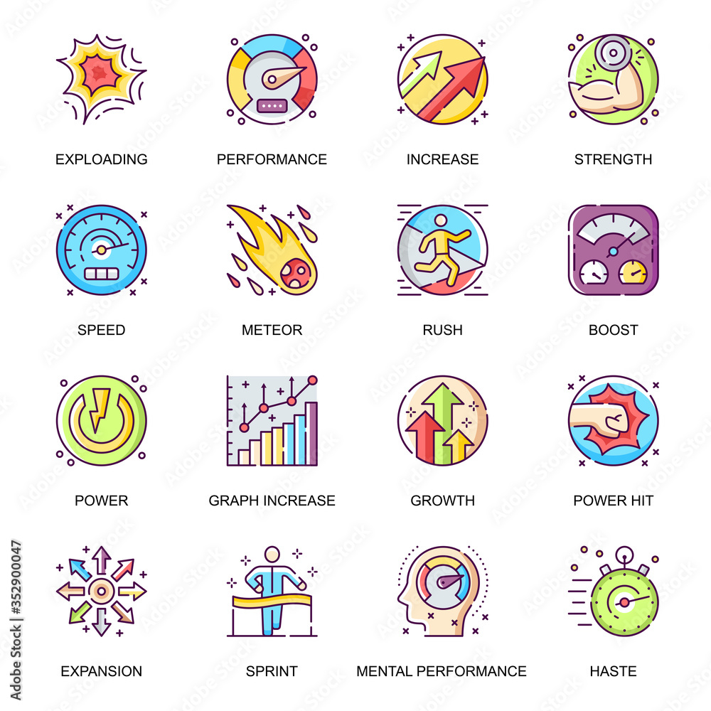 Aufkleber mental performance flat icons set. power hit, boost and rush, exploding and increase, expansion and 