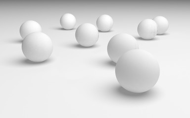 White abstract background. Set of white balls isolated on white backdrop. 3D illustration