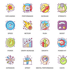 Mental performance flat icons set. Power hit, boost and rush, exploding and increase, expansion and growth, speed and power line pictograms for mobile app. Efficiency improvement vector icon pack.