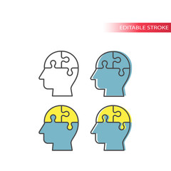 Human head with jigsaw puzzle brain, creative idea concept thin line vector icon. Outline, editable stroke.