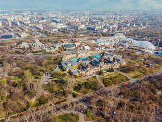 Beautiful view in the morning from the top of the Szechenyi baths. Top view of Budapest. The...