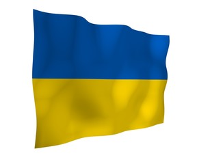 The flag of Ukraine on a white background. National flag and state ensign. Blue and yellow bicolour. 3D illustration waving flag