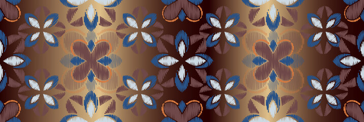Ikat colorful seamless ornament pattern. Ethnic indigo tite repit background for textile, wallpaper, card or wrapping paper.