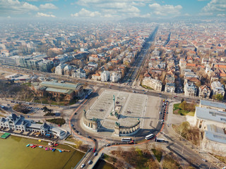 Beautiful top view on the morning city park, Heroes Square, lake, museum, roofs buildings in Budapest. Hungary.