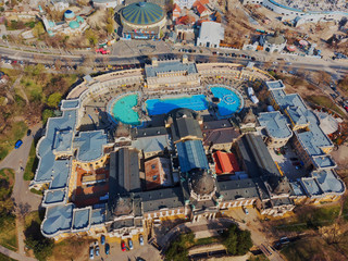 Beautiful view in the morning from the top of the Szechenyi baths. Top view of Budapest. The largest bath complex in Budapest and Europe. Hungary.