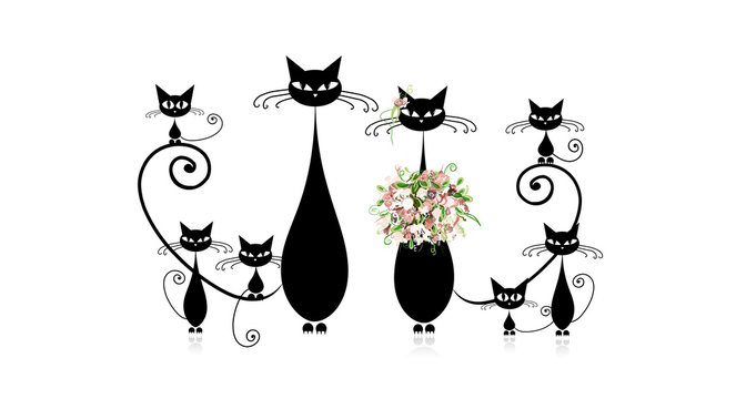 Funny cats family with kittens, black silhouette