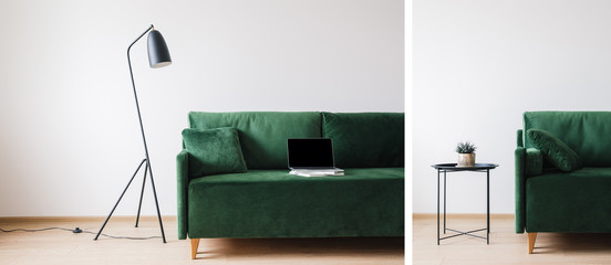collage of green sofa with pillow and laptop with blank screen on books near metal modern floor...
