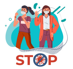 Young girls wearing face medical masks protesting against world epidemic at background of turquoise vector elements, stop sign. Stop spreading coronavirus. Crossed out sign. Cartoon characters