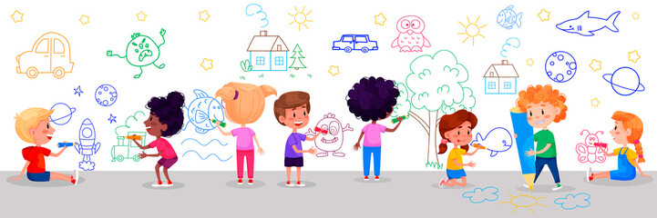 Kids characters are drawing on white walls. Children international day. Summer children activities. 