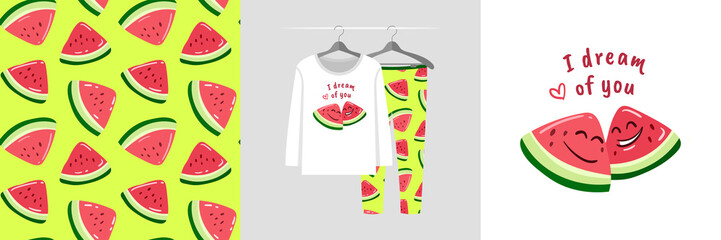 Seamless pattern and illustration set with watermelons, I dream of you