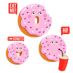 Funny cartoon donut character emoticon set. Happy donut sticker. 