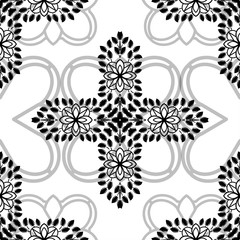 Decorative floral monohrome seamless pattern in ornamental damask modern style. Vector elegant tile surface design. Black ornate on color background