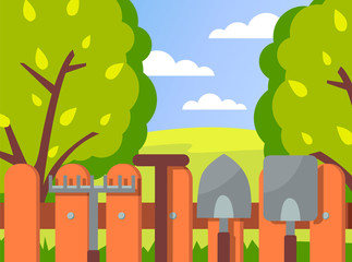 Summer garden landscape vector illustration. Green trees, wood fence and garden tools on it against the field and blue cloudy sky. Agricultural gardening natural environment concept, farm equipment