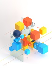 Abstract 3d render visualization background, template modern composition of geometric shapes in isometric . Cube, sphere, cylinder, line.