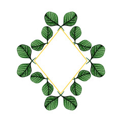 Congratulatory frame of bright green leaves and a diamond-shaped gold stroke. Frame with place for text. Delicate botanical wreath. Stylish design greeting card.