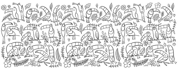 Toucans, paradise tropical bird for your design. Coloring page