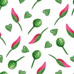 Cute watercolor pattern of juicy greens on a white background. Leaves and poppy flowers. Bright summer print. Botanical pattern with flowers and a heart. Bright design for textiles, factories.