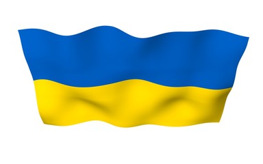 The flag of Ukraine on a white background. National flag and state ensign. Blue and yellow bicolour. 3D illustration waving flag