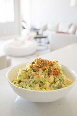 American Potato Salad with Mustard, Mayonnaise, Pickles, and Egg